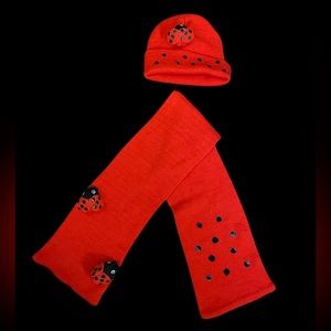 Youth Kidorable Ladybug Embellished Beanie and scarf set red with black dots